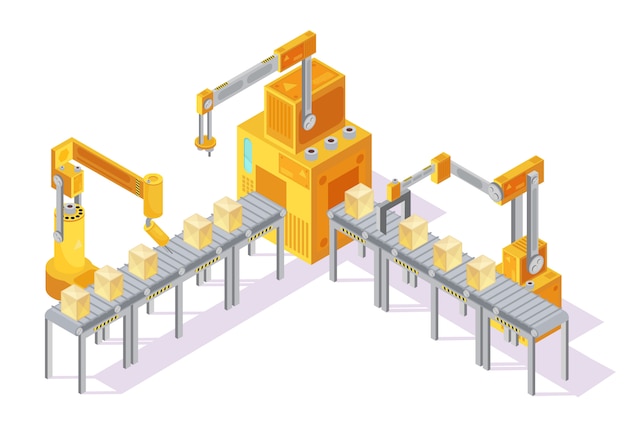 Yellow grey conveyor system with control panel, robotic hands and packaging on line isometric vector illustration