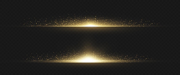 Yellow horizontal lens flares pack. laser beams, horizontal light rays. beautiful light flares. glowing streaks on dark background. luminous abstract sparkling lined background.