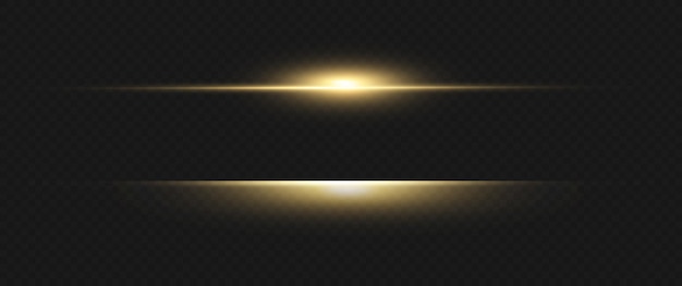 Yellow horizontal lens flares pack. laser beams, horizontal light rays. beautiful light flares. glowing streaks on dark background. luminous abstract sparkling lined background.