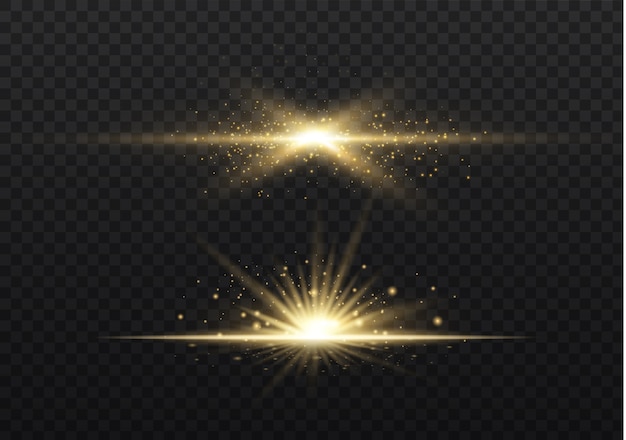 Yellow horizontal lens flares pack. laser beams, horizontal light rays.