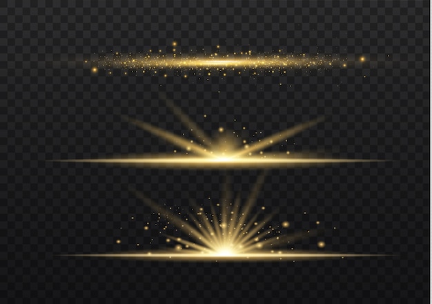 Yellow horizontal lens flares pack. laser beams, horizontal light rays.