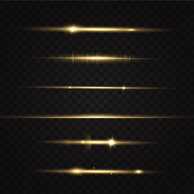 Yellow horizontal lens flares pack. laser beams, horizontal light rays.