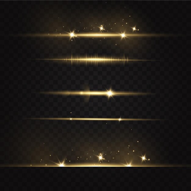 Yellow horizontal lens flares pack. laser beams, horizontal light rays.