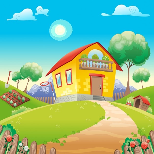 Vettore gratuito casa con giardino int campagna vector cartoon illustrazione