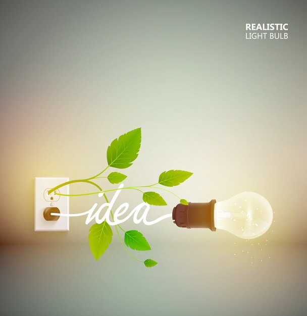 Yellow light bulb abstract poster with electric equipment and green leaves growing from power-outlet illustration
