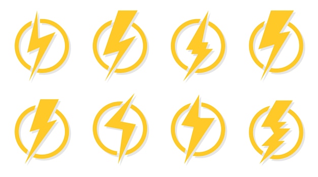Yellow lightning bolt icons set. electrical strike sign in circle. great for design logo voltage power and danger of electric shock. symbol energy and thunder electricity