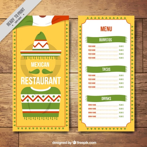 Free vector yellow menu template with mexican flag