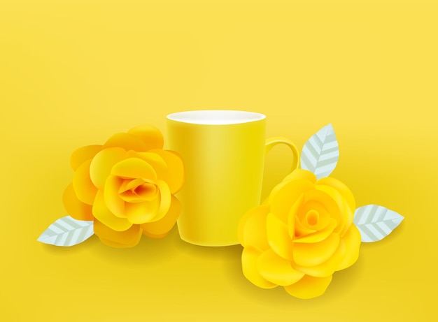 無料ベクター 黄色いマグカップと花のベクトルが現実的です。夏の装飾はイラストを設定します