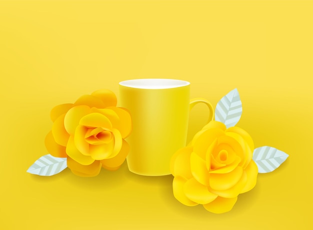 Free vector yellow mug and flowers vector realistic. summer decor sets illustrations