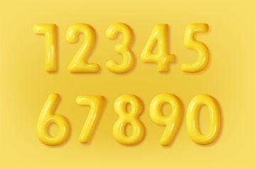 Free Vector  Yellow numbers set 3d realistic pastel glossy collection  inflated font number 1234567890 decorative elements for banner cover  birthday or anniversary party