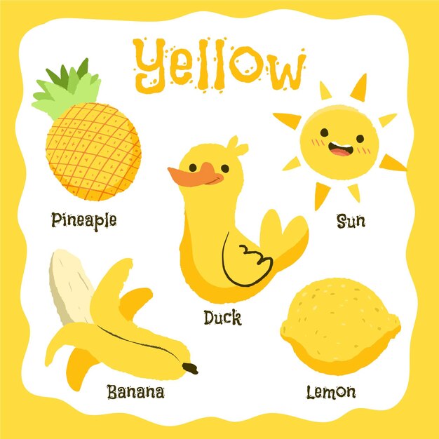 Yellow objects and vocabulary words set