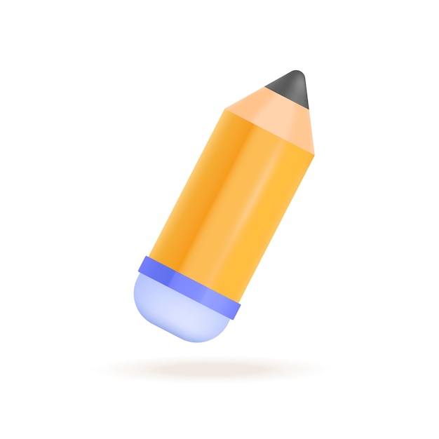 무료 벡터 학생이나 학생 3d 삽화를 위한 노란색 연필. 흰색 배경에 3d 스타일로 학교, 대학 또는 대학을 위한 쓰기 도구를 그린 만화. 교육, 편지지 개념
