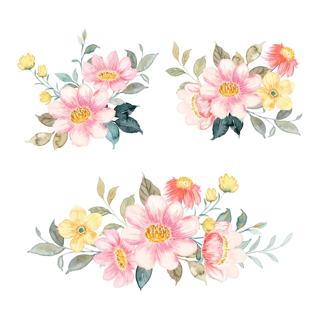 Free vector yellow pink floral bouquet collection with watercolor