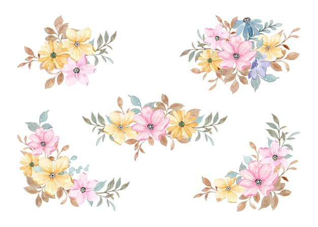 Free vector yellow pink floral bouquet collection with watercolor