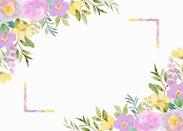 Yellow purple floral frame background with watercolor