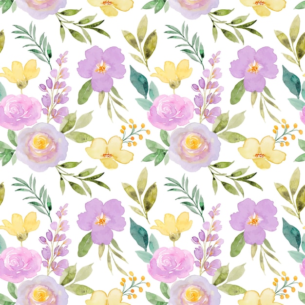 Free vector yellow purple floral watercolor seamless pattern