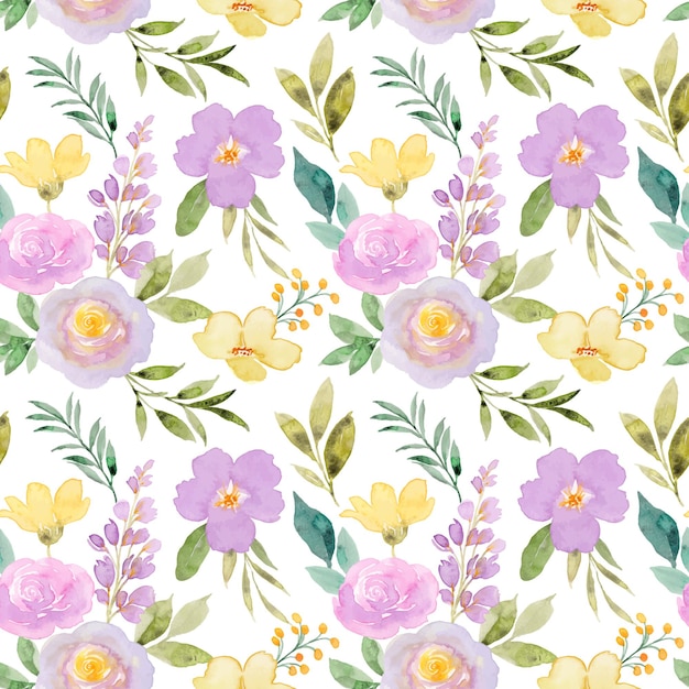 黄紫色の花の水彩画のシームレスなパターン