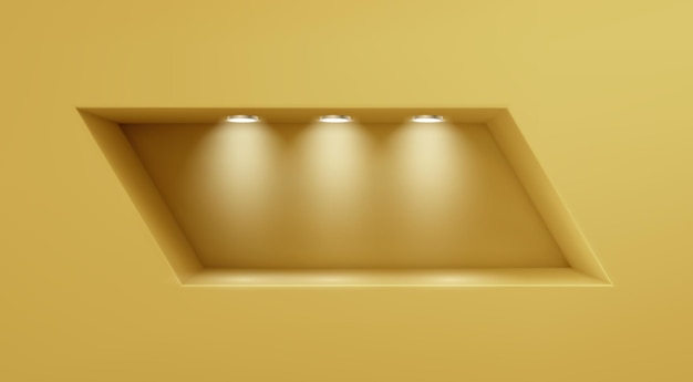 Vettore gratuito mockup di nicchia rettangolare giallo con luci di lampada vector illustrazione realistica del moderno interior design casa ufficio galleria d'arte negozio parete del museo con piattaforma di presentazione di prodotti astratti