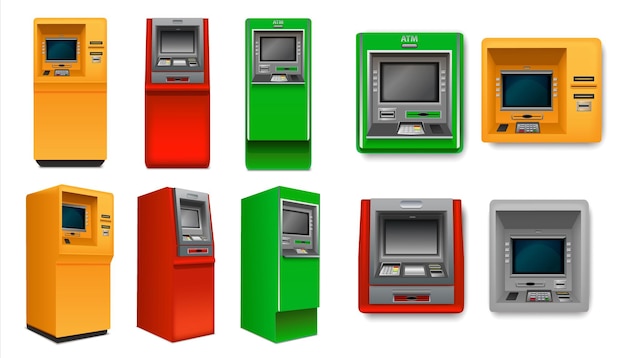 Vettore gratuito set realistico di macchine bancomat giallo rosso e verde da diversi lati isolato illustrazione vettoriale