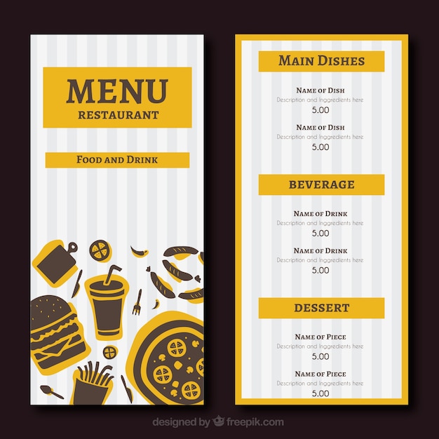 Vettore gratuito menu giallo del ristorante con strisce