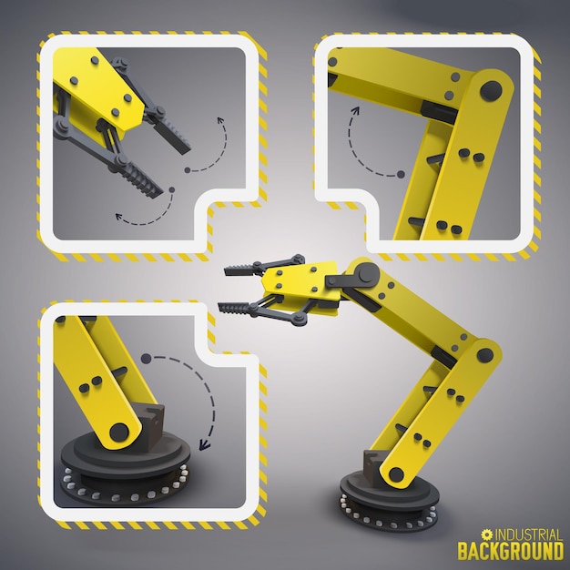 아이콘 세트에서 로봇의 세 부분으로 분리 된 노란색 로봇 팔 개념은 기계의 전체 버전을 중심으로 결합됩니다.