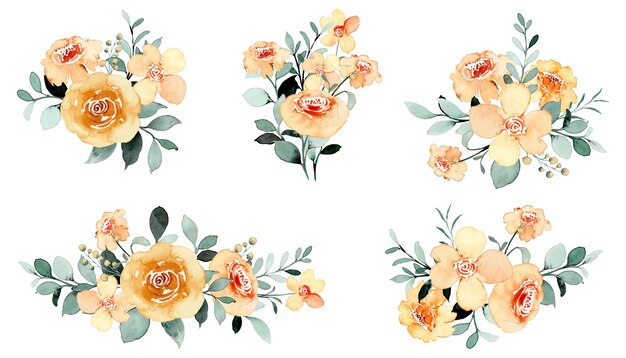 Yellow rose flower bouquet collection with watercolor