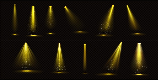 Yellow spotlight beams with gold sparkles