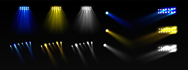 Free vector yellow stadium concert show light isolated set blue spotlight reflector effect vector realistic soccer projector lamp glow 3d football disco sparkle with blur for fun arena entertainment design