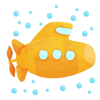 Yellow submarine underwater on white background. cartoon design style. vector illustration