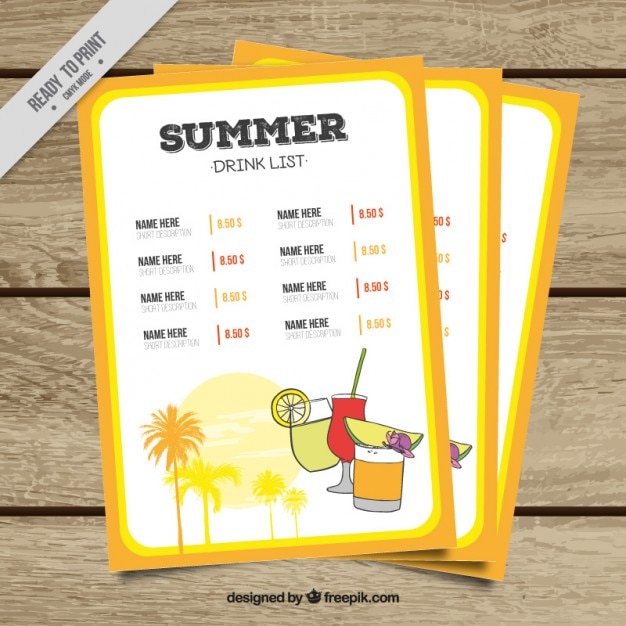 Free vector yellow summer drink list template with drawings