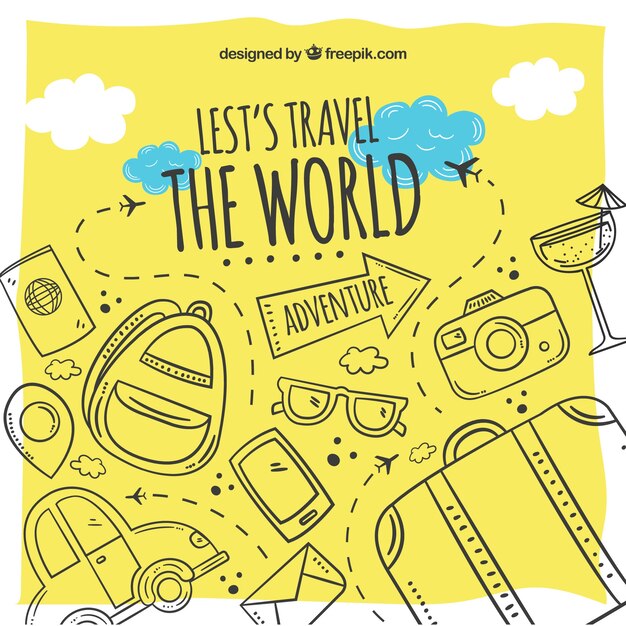 Yellow travel background with hand drawn elements