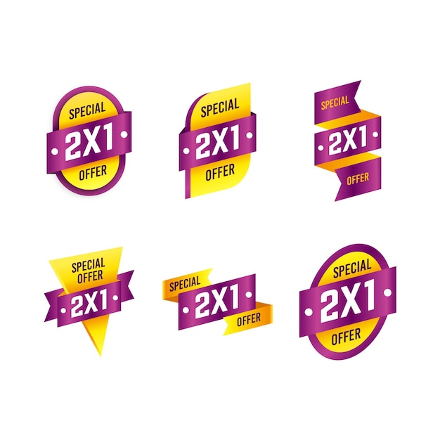 Collezione di etichette di offerta speciale 2x1 gialla e viola