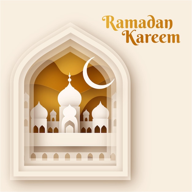 Free vector yellow and white golden paper cut style free vector eid mubarak ramadan season festival poster