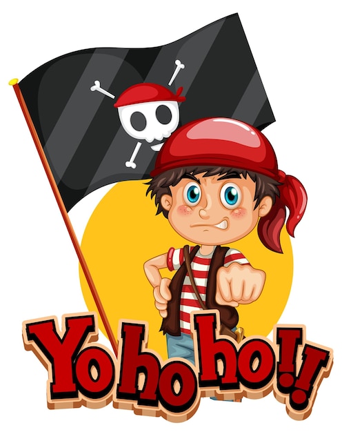 Vettore gratuito banner di carattere yo ho ho con un personaggio dei cartoni animati di un ragazzo pirata