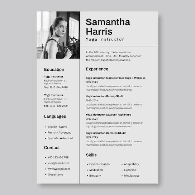 Free vector yoga instructor resume template design