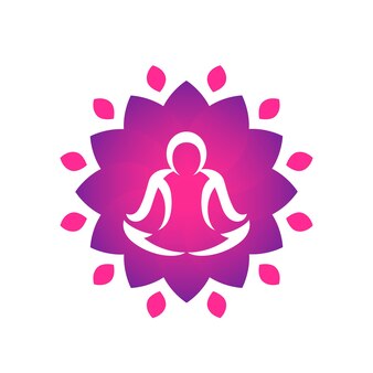 Шаблон логотипа йоги, человек медитирует над цветком лотоса на белом Premium векторы