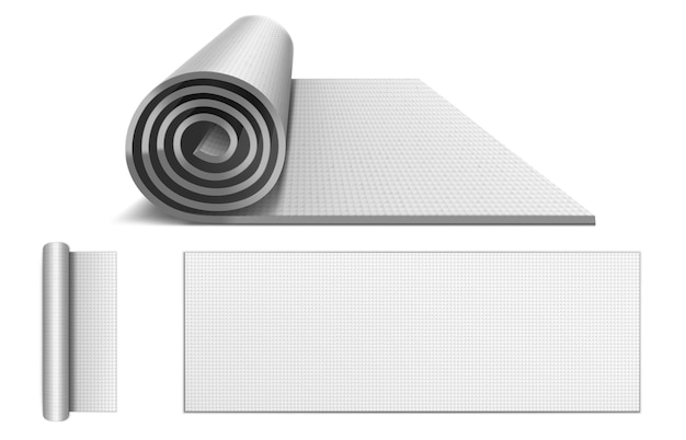 Yoga mat, carpet from rubber foam for pilates, sport training and meditation. Vector realistic gym equipment, rolled up and spread out blank mattress for yoga, fitness and exercise top view