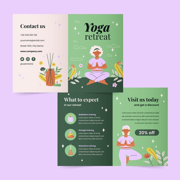 Vettore gratuito modello di brochure per ritiro yoga