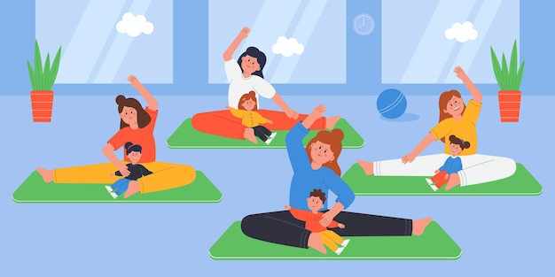 Free vector yoga workout and pilates for moms and kids in gym. group of active mothers with children doing healthy sport exercises, stretching, sitting on mats flat vector illustration. family, wellness concept