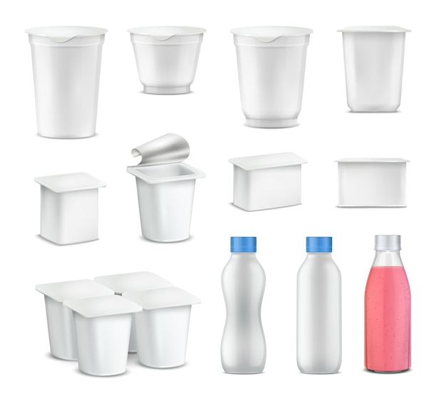 Бесплатное векторное изображение Пакет с йогуртом реалистичный набор с пустой упаковкой для бутылок
