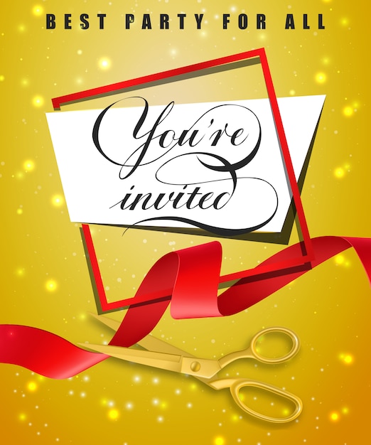 Free vector you are invited, best party for all festive poster with frame and gold scissors