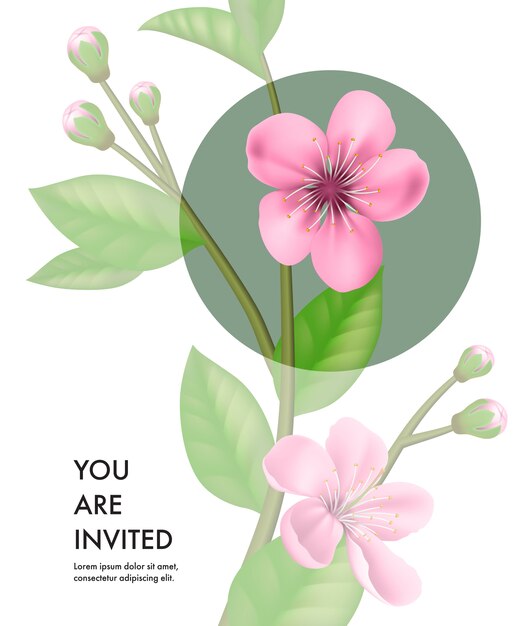あなたは透明な桜の花と緑色の円で招待カードテンプレートです