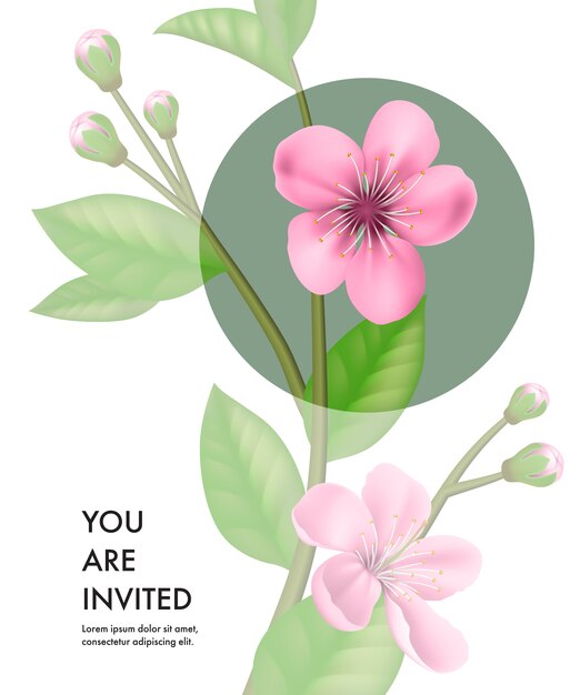 You are invited card template with transparent cherry flowers and green circle 