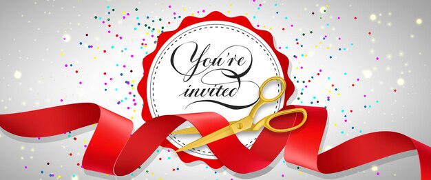 You are invited festive banner with confetti, text on white circle and gold scissors