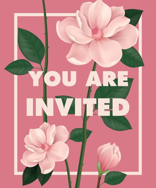 You are invited lettering with cherry flowers on pink background. 