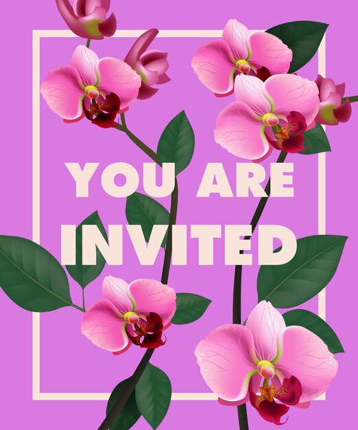 Вы приглашены надписи с розовой орхидеей на фиолетовом фоне.