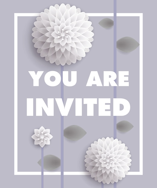 You are invited lettering with white dandelions in frame on gray background.