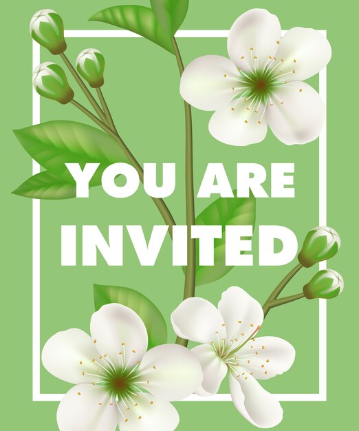 You are invited lettering with white flowers in frame on green background. 