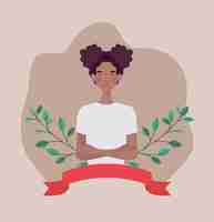 Free vector young afro woman with frame ribbon and leafs