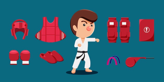 Giovane atleta uomo e attrezzatura in guanti da allenamento taekwondo protezione del corpo dei copricapi sacco da boxe in stile cartone animato per illustrazione vettoriale grafico